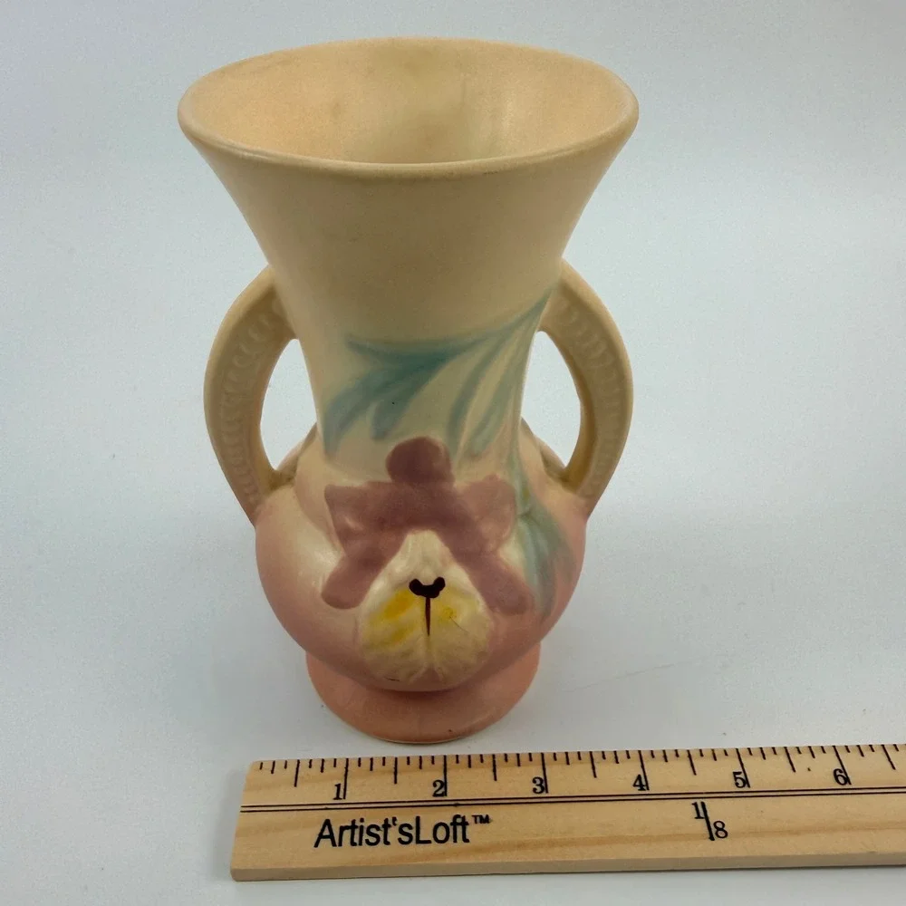 Vintage Hull Pottery Orchid Vase Two Handle 1-6.5 Pink Yellow Cream Matte 6.5in
